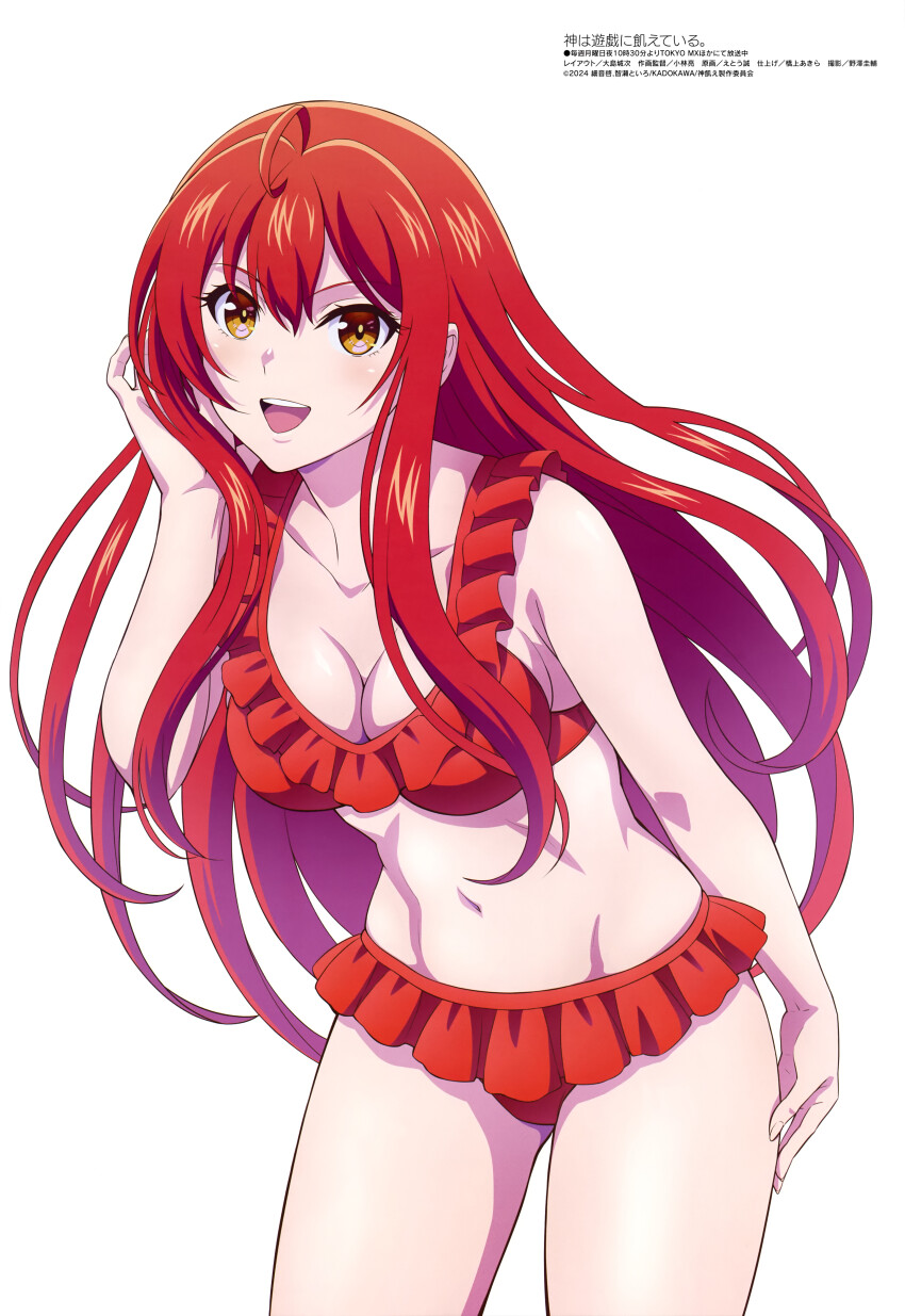 1girl, absurdres, ahoge, bare_shoulders, bent_over, bikini, breasts, cleavage