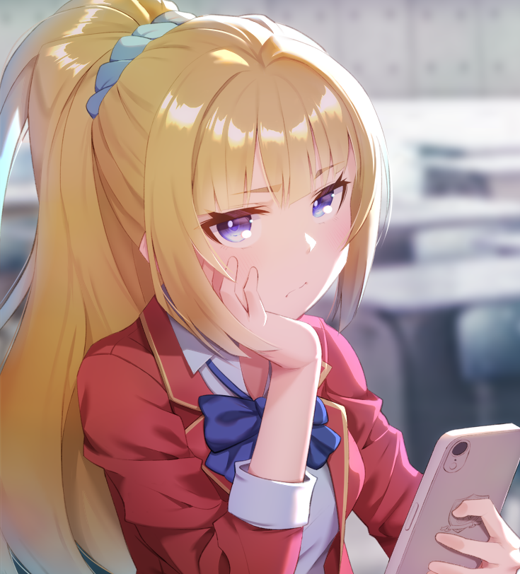 1girl, :/, advanced_nurturing_high_school_uniform, blazer, blonde_hair, blue_bow, blue_scrunchie, blurry