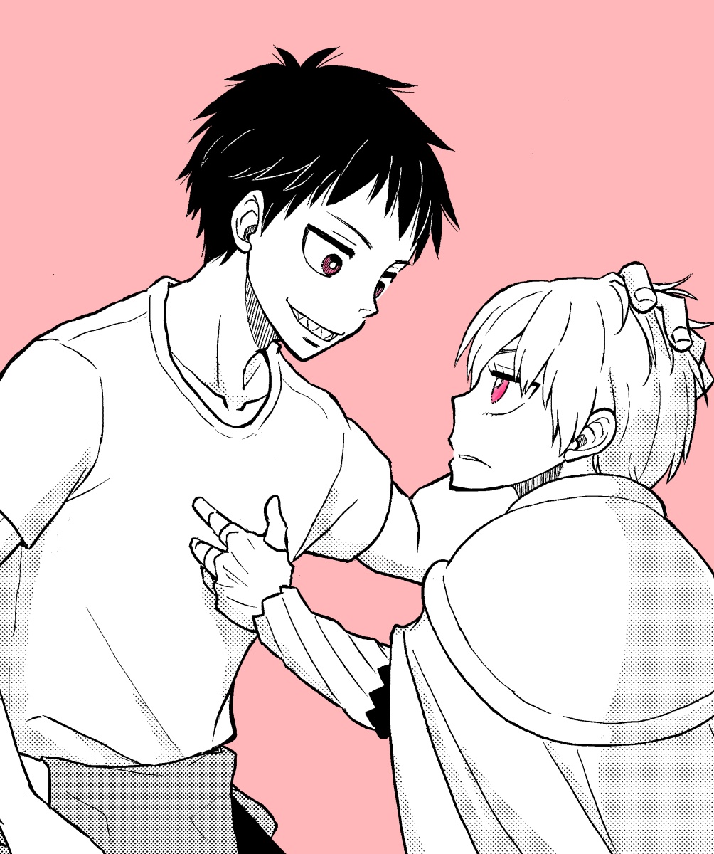 2boys, black_hair, brothers, en'en_no_shouboutai, hand_on_another's_head, head_rest, highres, monochrome