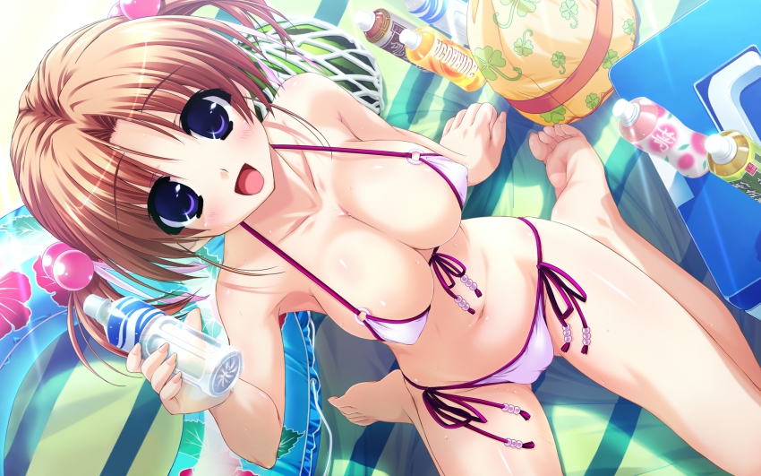 1girl, amatsu_misora_ni!, arm_support, barefoot, bikini, blush, breasts, brown_hair, cameltoe, cleavage, covered_erect_nipples, drink, feet, female_focus, food, front-tie_top, fruit, hair_bobbles, hair_ornament, highres, kanzaki_miyu, large_breasts, micro_bikini, navel, o-ring, o-ring_top, open_mouth, purple_eyes, seiza, shintarou, short_hair, side-tie_bikini_bottom, sideboob, sitting, soles, solo, string_bikini, swimsuit, toes, twintails, wariza, watermelon