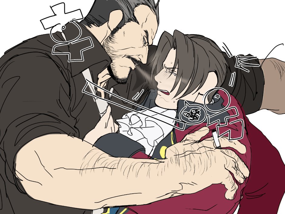 2boys, ace_attorney, arm_hair, ascot, bara, black_facial_hair, black_hair, black_shirt