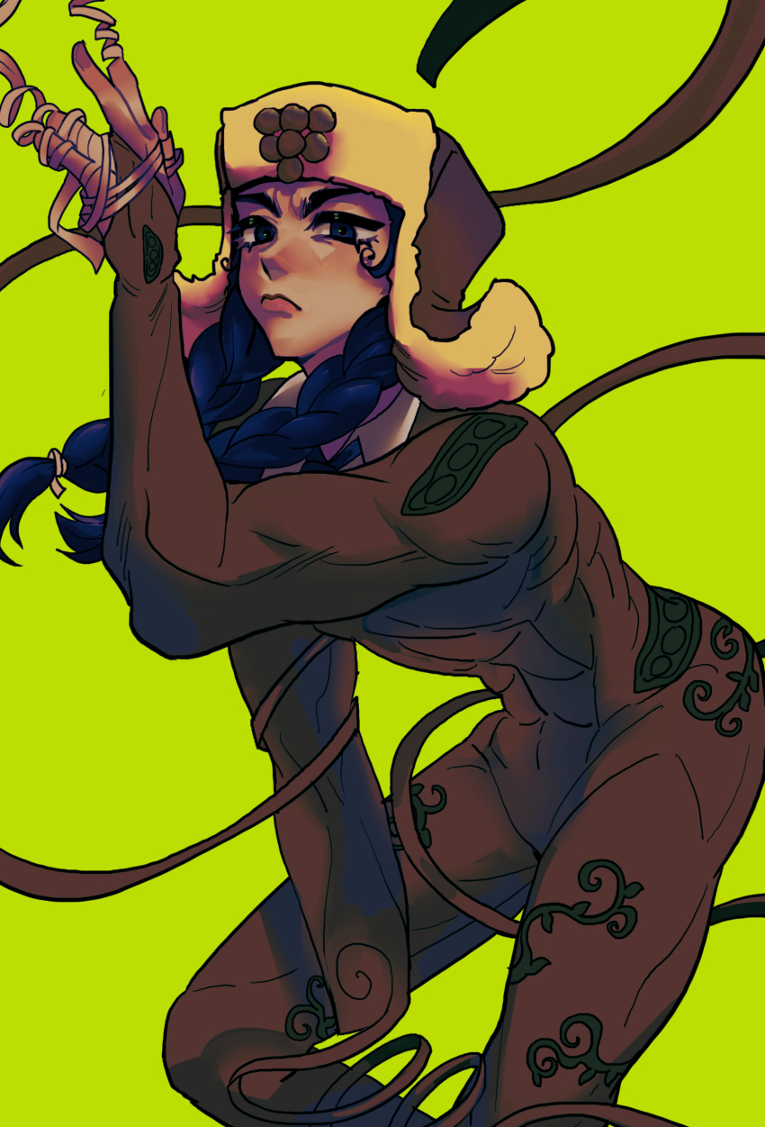 1boy, absurdres, black_hair, blue_eyes, bodysuit, bomber_hat, braid, collared_shirt, doggy_style_(stand), green_background, highres, jojo_no_kimyou_na_bouken, jojolion, long_hair, male_focus, mamezuku_rai, necktie, shirt, solo, stand_(jojo), swampland, twin_braids, unraveling