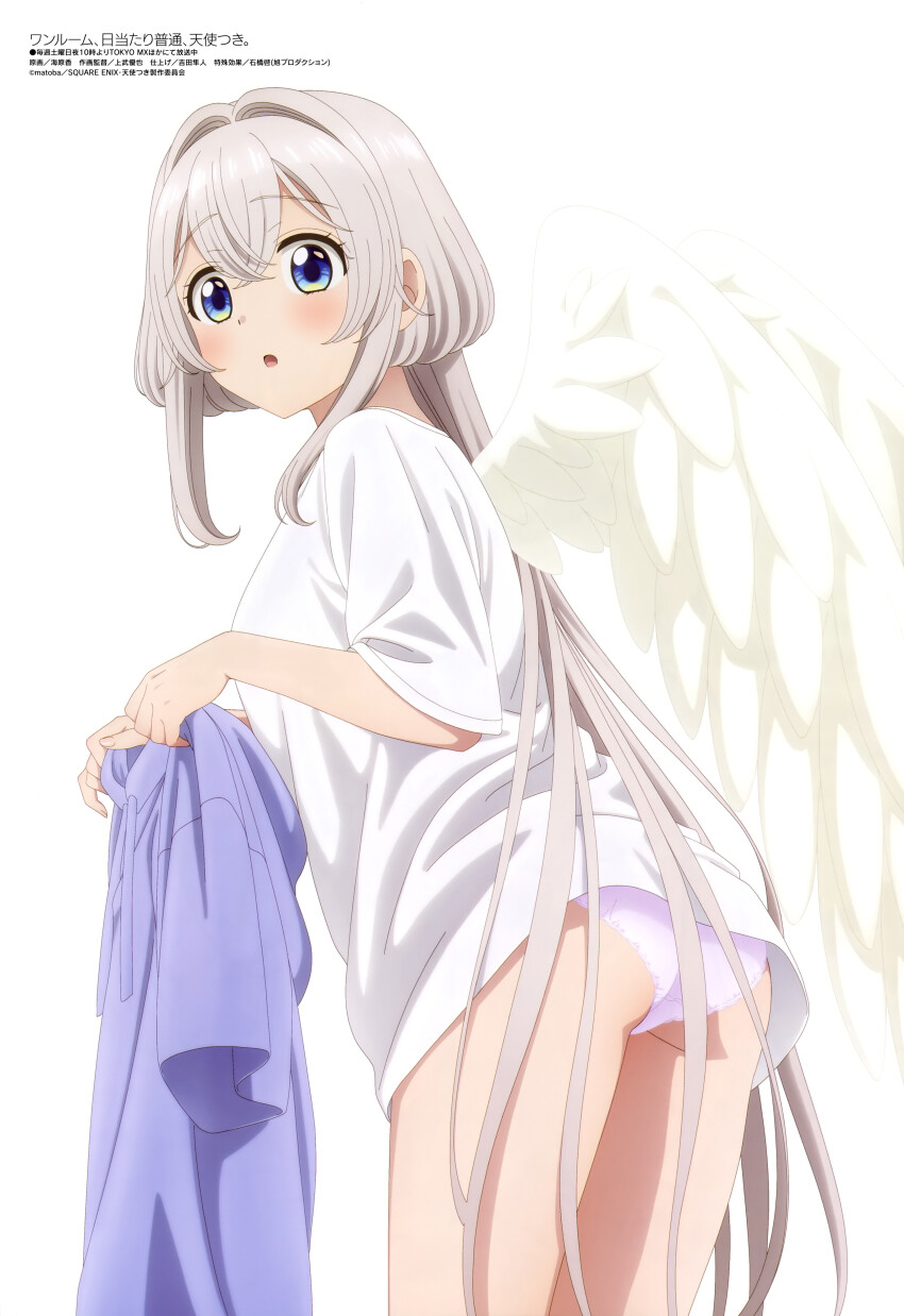 1girl, :o, absurdres, angel, angel_wings, ass, blue_eyes, blush