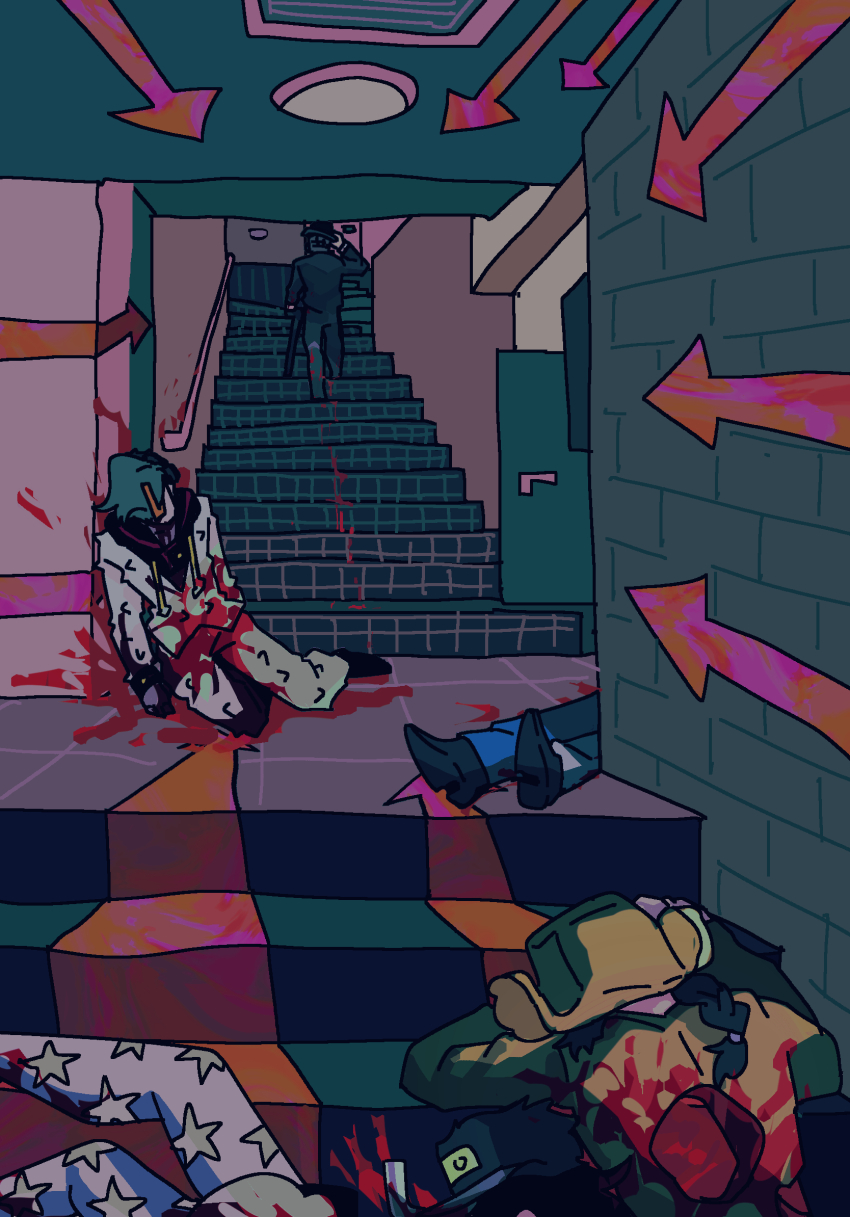 against_wall, akefu_satoru, arrow_(symbol), blood, blood_splatter, blood_trail, cane, death