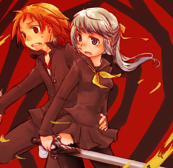 1boy, 1girl, atlus, black_thighhighs, cruithne, genderswap, genderswap_(mtf), hair_ribbon