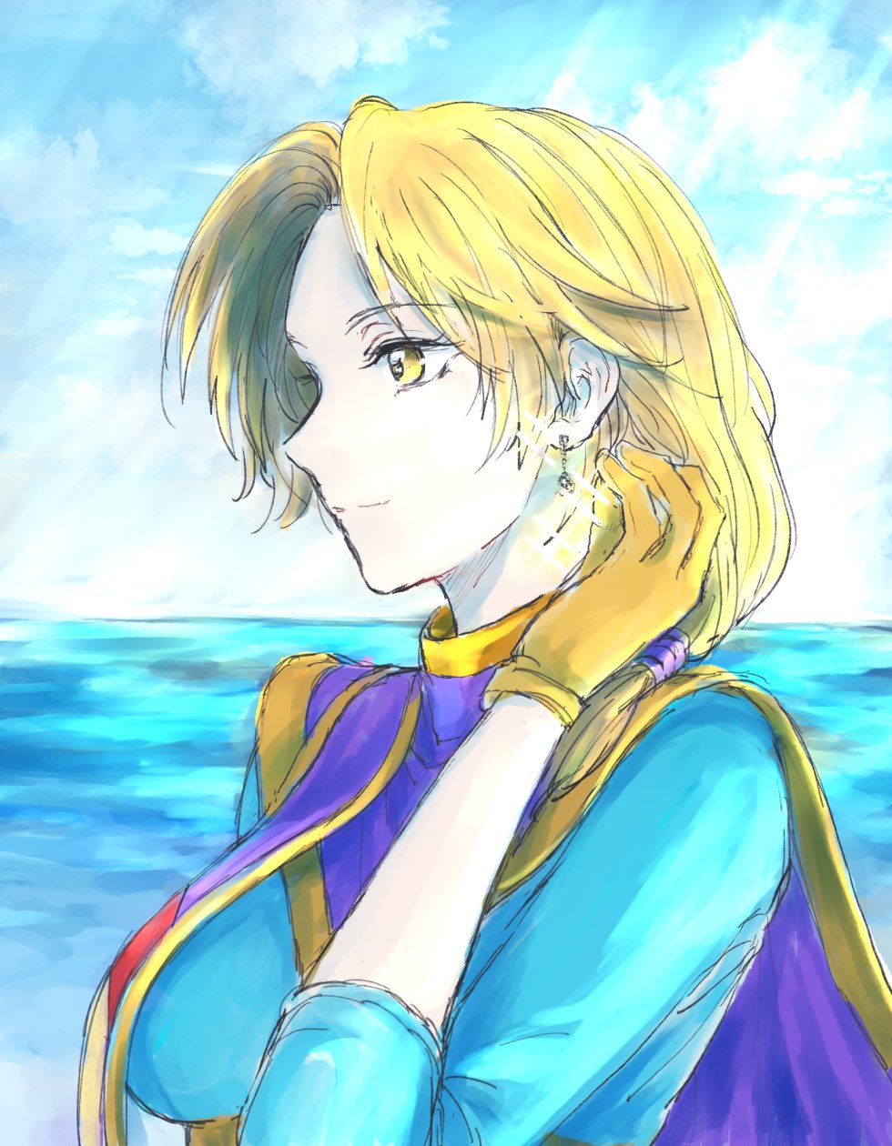 1girl, blonde_hair, breasts, cape, closed_mouth, cloud, earrings, gloves