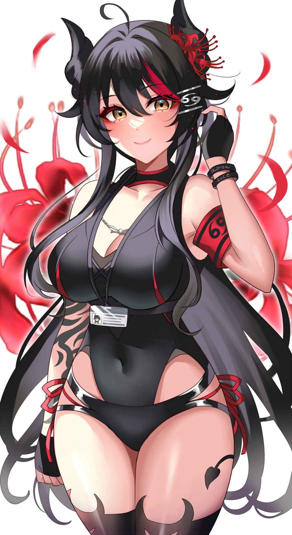 1girl, ahoge, arm_tattoo, armband, black_gloves, black_hair, black_horns, black_leotard