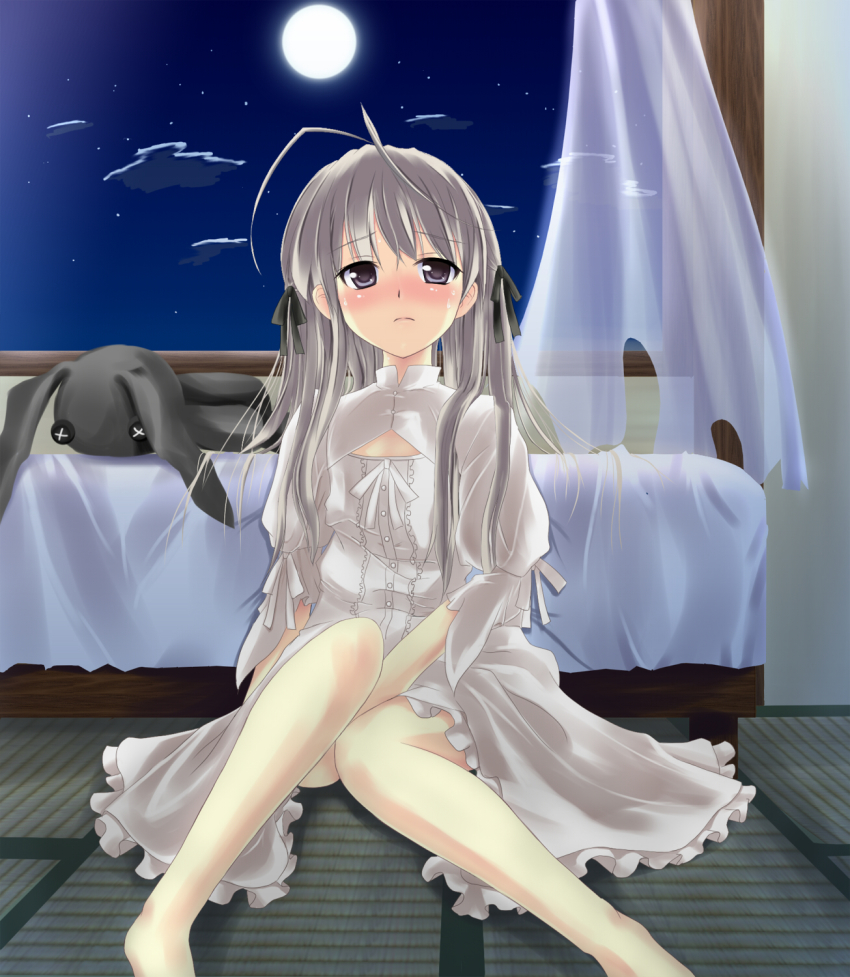 1girl, barefoot, bed, blush, dress, female_focus, grey_eyes, hair_ribbon, highres, kasugano_sora, legs, long_hair, moon, night, ribbon, shika, silver_hair, sitting, solo, stuffed_animal, stuffed_rabbit, stuffed_toy, yosuga_no_sora