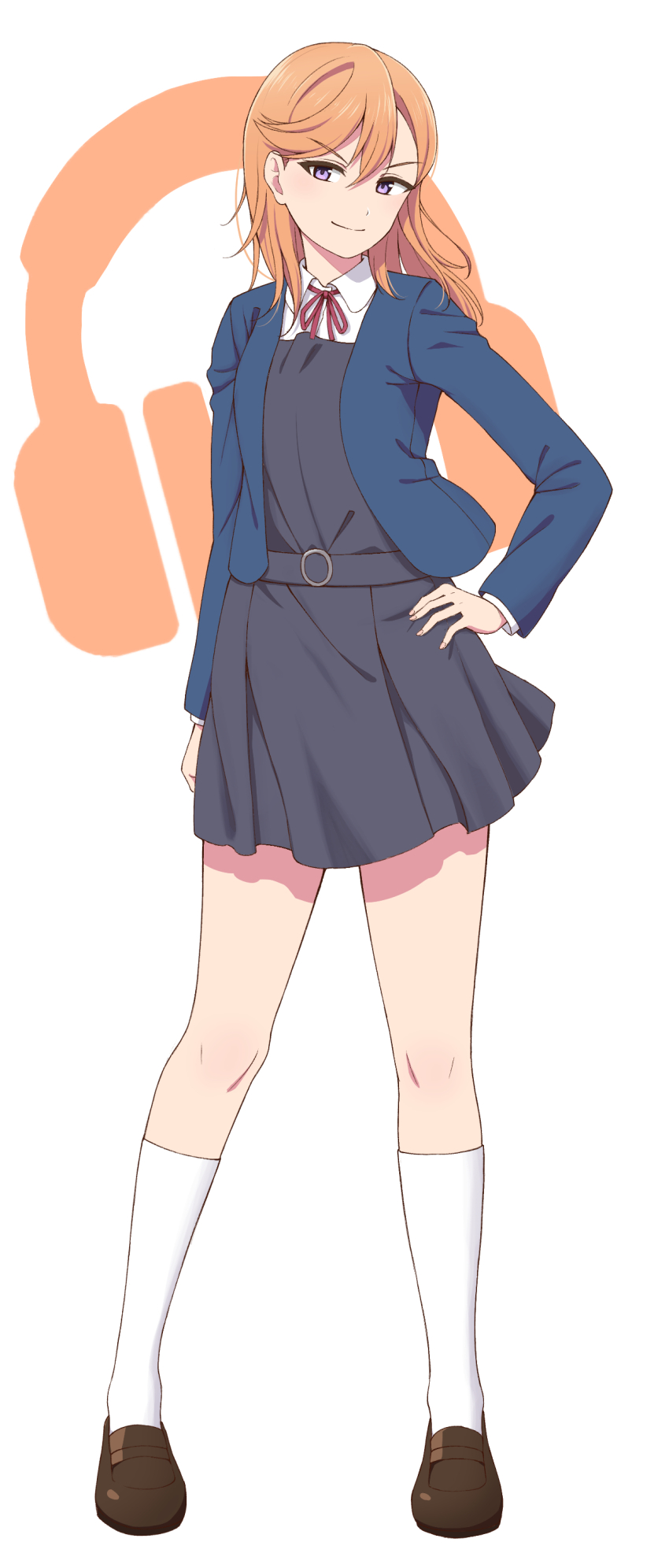 1girl, absurdres, evil_smile, hand_on_own_hip, highres, looking_at_viewer, love_live!, love_live!_superstar!!, makkuri_(mako2025), medium_hair, orange_hair, purple_eyes, school_uniform, shibuya_kanon, smile, standing