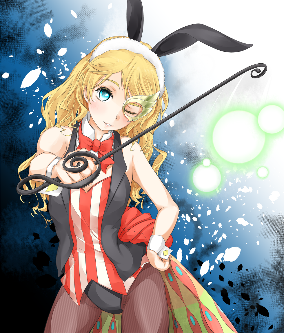 1girl, animal_ears, bare_arms, bare_shoulders, black_jacket, blonde_hair, blue_background, blue_eyes