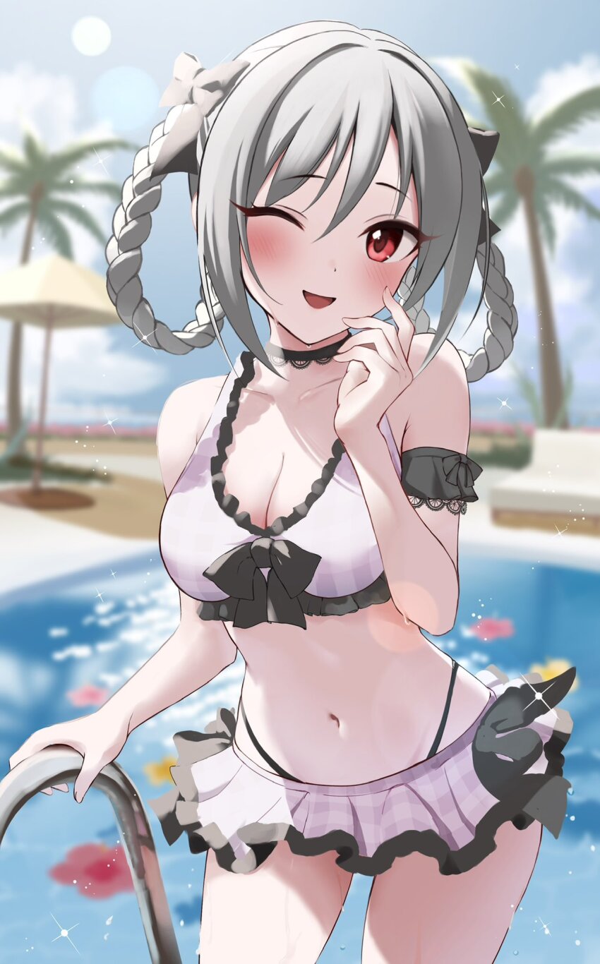 1girl, bare_shoulders, bikini, black_choker, blush, bow, braid, braided_hair_rings