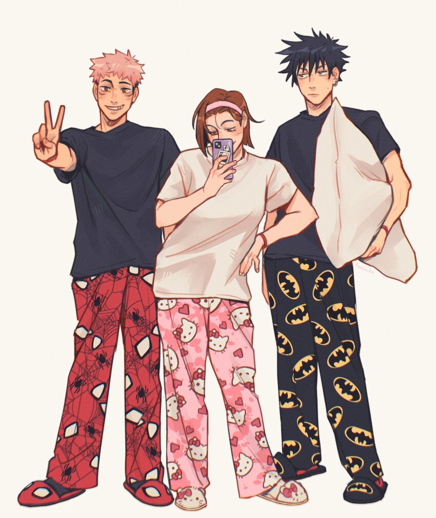1girl, 2boys, absurdres, batman_print, black_jacket, fool_rith, fushiguro_megumi, hello_kitty_print, highres, holding, holding_phone, itadori_yuji, jacket, jujutsu_kaisen, kugisaki_nobara, multiple_boys, pajamas, phone, pillow, shirt, simple_background, slippers, smile, spider-man, spider-man_(original_suit), spider-man_print, v, white_shirt