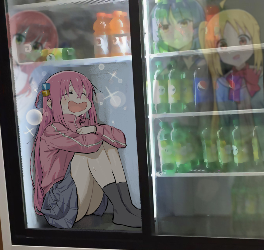 4girls, black_socks, blush_stickers, bocchi_the_rock!, closed_eyes, commentary, cube_hair_ornament, full_body