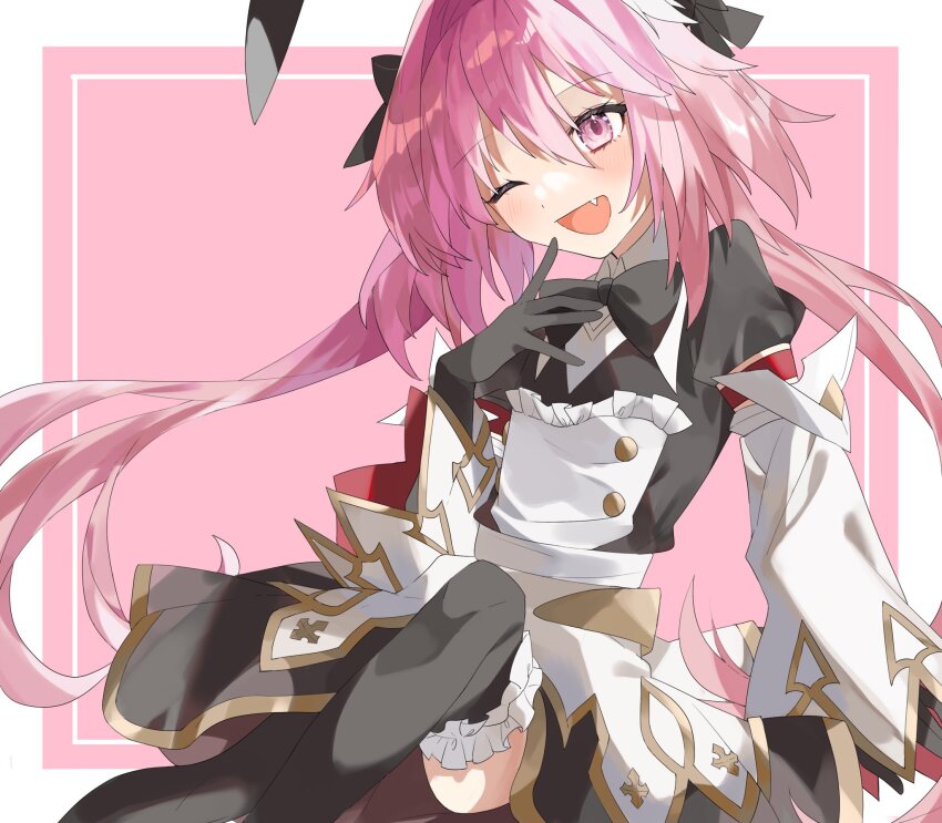 1boy, astolfo_(fate), astolfo_(saber)_(fate), astolfo_(saber)_(third_ascension)_(fate), black_bow, black_bowtie, black_gloves, black_ribbon