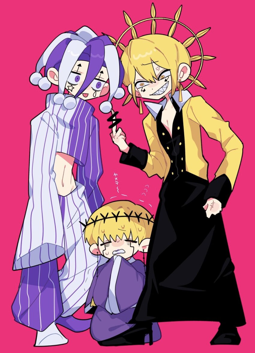 3boys, blonde_hair, cell_war, closed_eyes, clothing_cutout, delisaster, earrings, facial_mark