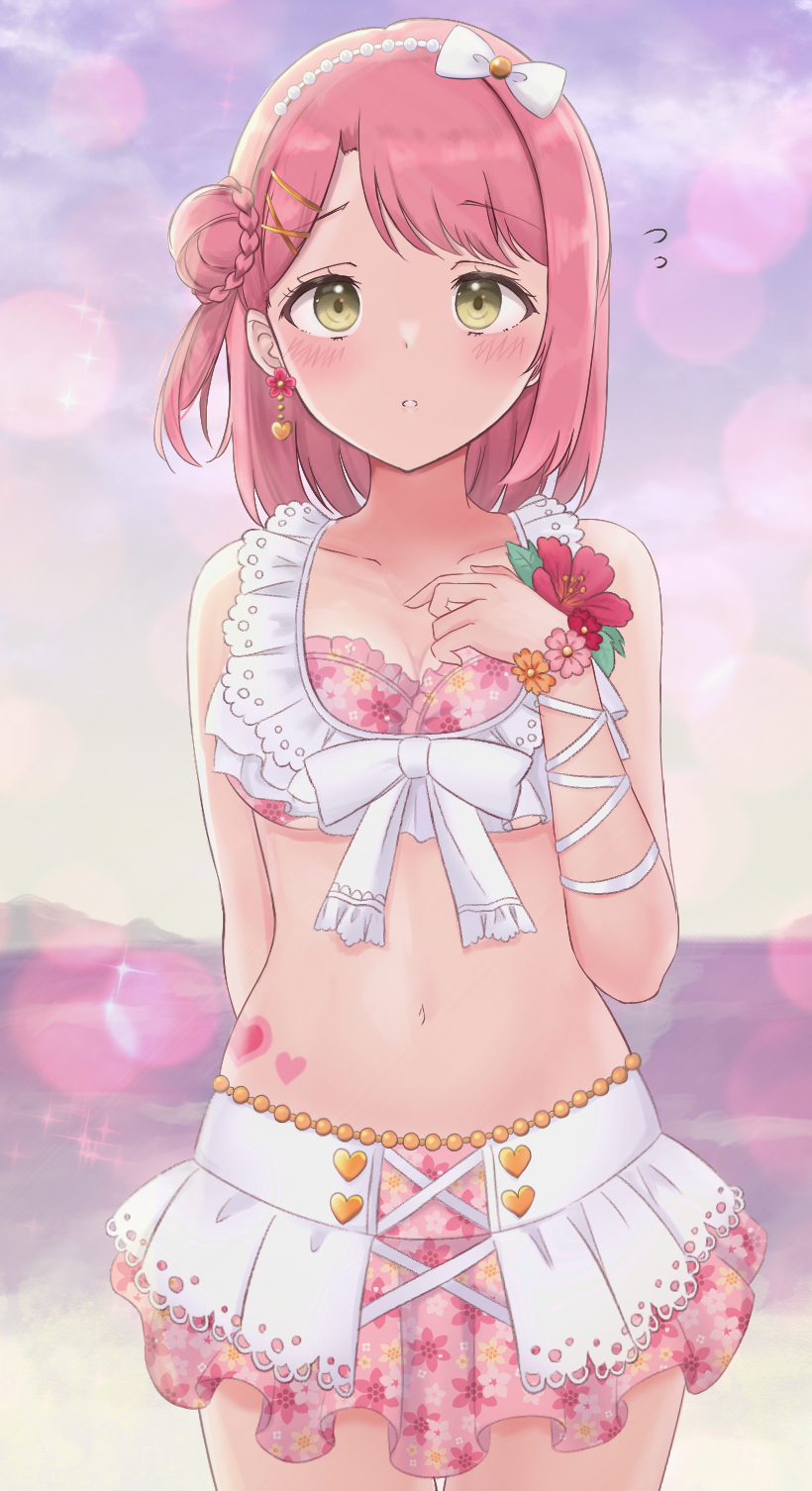 1girl, :o, arm_behind_back, bikini, bikini_skirt, bishie_sparkle, blue_sky, blunt_bangs