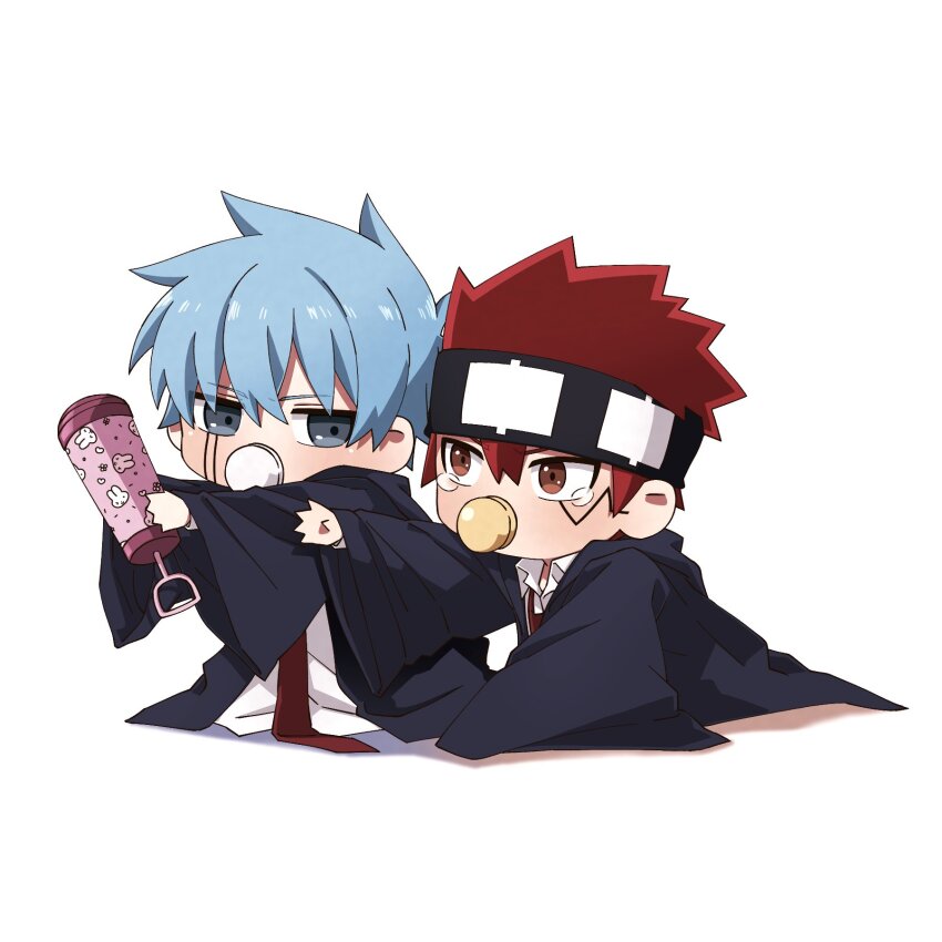 2boys, aged_down, baby, black_robe, blue_eyes, blue_hair, collared_shirt, daut_barret