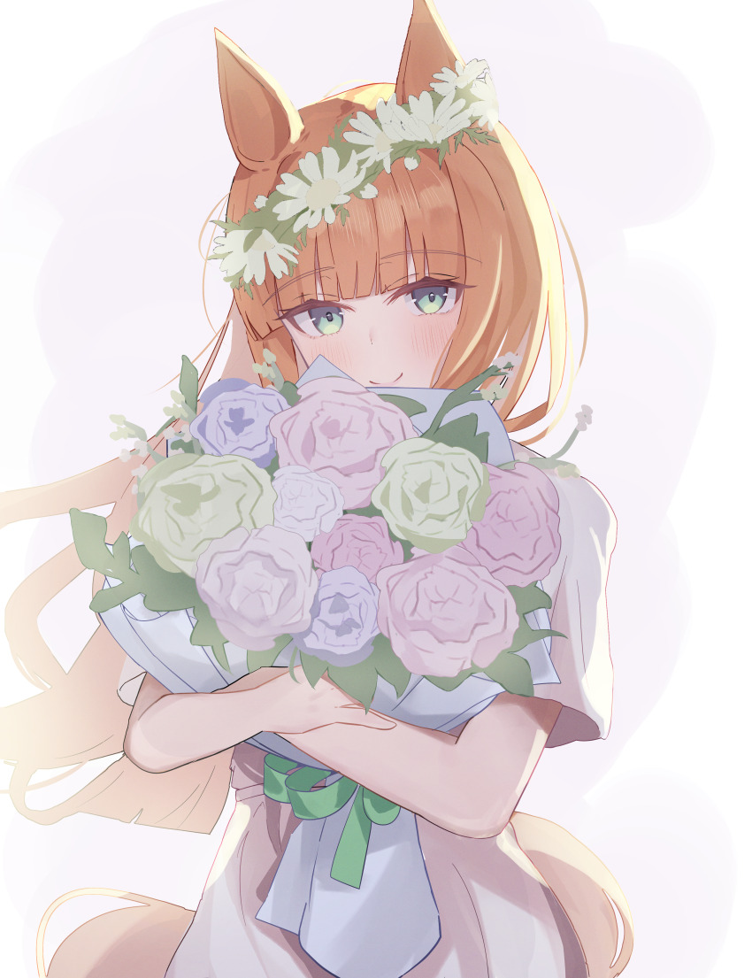 1girl, absurdres, animal_ears, blue_flower, blunt_bangs, blush, bouquet, closed_mouth