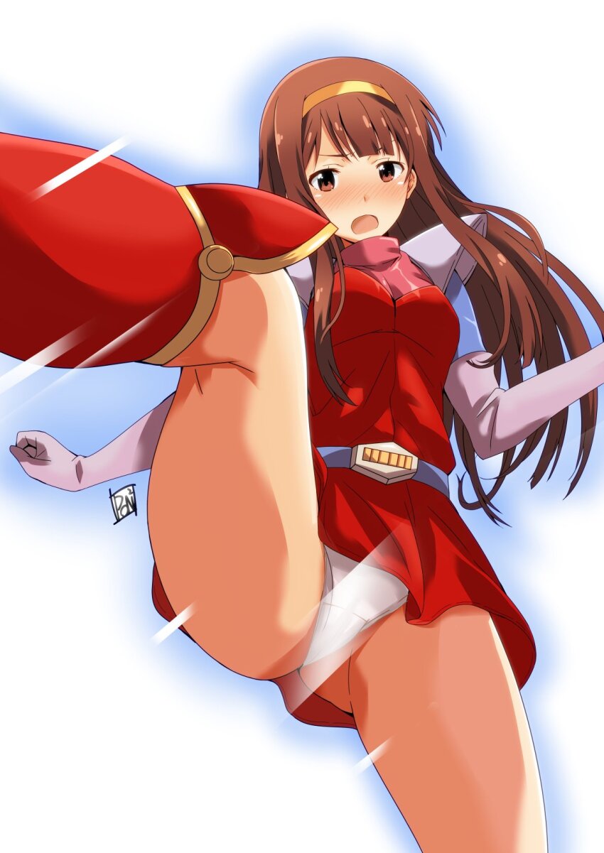 1girl, belt, blue_belt, blush, boots, breasts, brown_eyes, brown_hair