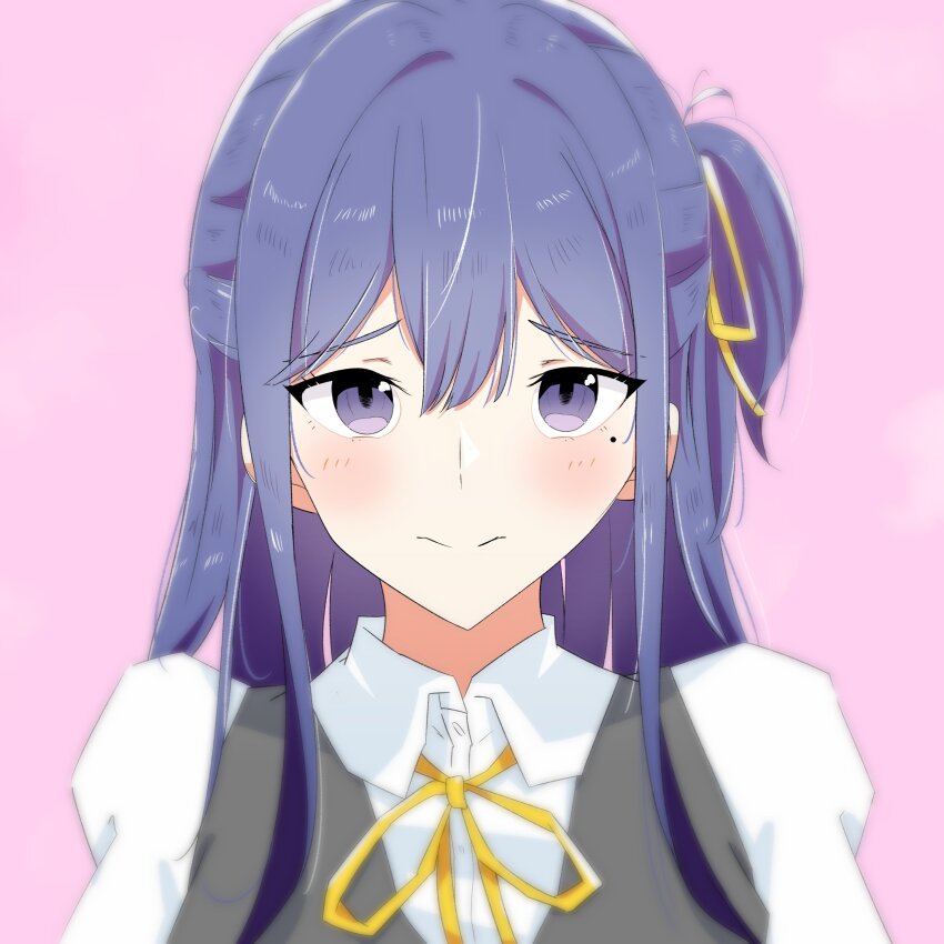 1girl, absurdres, black_dress, blush, closed_mouth, collared_shirt, commentary_request, dress