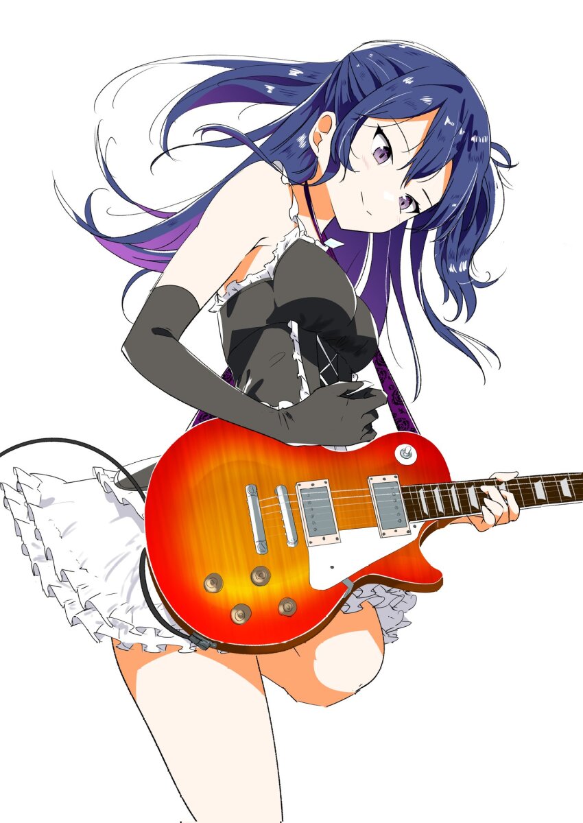1girl, black_dress, black_gloves, blue_eyes, blue_hair, blush, breasts, closed_mouth, commentary, dress, elbow_gloves, english_commentary, enshu_suruga, floating_hair, gloves, guitar, highres, holding, holding_guitar, holding_instrument, holding_plectrum, instrument, izumi_shiho, long_hair, medium_breasts, mixed-language_commentary, one_side_up, playing_guitar, playing_instrument, plectrum, sasayaku_you_ni_koi_wo_utau, simple_background, sleeveless, sleeveless_dress, smile, solo, standing, standing_on_one_leg, white_background