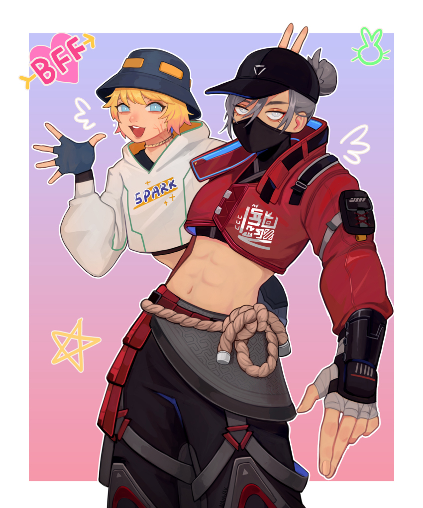 2girls, abs, animification, apex_legends, baseball_cap, black_hat, black_shirt, blonde_hair