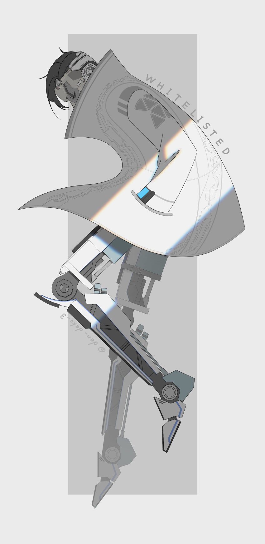 1boy, absurdres, animification, apex_legends, closed_eyes, crypto_(apex_legends), cyborg, from_side, grey_background, grey_theme, hand_in_pocket, highres, jacket, leaning_forward, male_focus, mechanical_legs, ruko03, short_hair, solo, spot_color, twitter_username, whitelisted_crypto