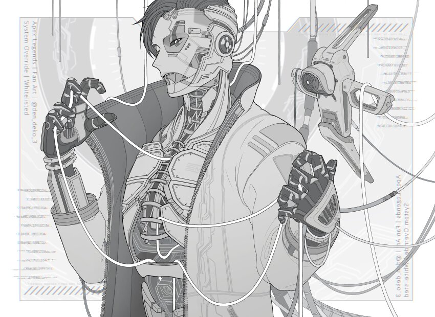 1boy, absurdres, animification, apex_legends, cable, copyright_name, crypto_(apex_legends), cyborg, from_side, greyscale, hack_(apex_legends), highres, jacket, looking_at_viewer, male_focus, mechanical_arms, monochrome, non-humanoid_robot, official_alternate_costume, parted_lips, robot, ruko03, solo, twitter_username, whitelisted_crypto