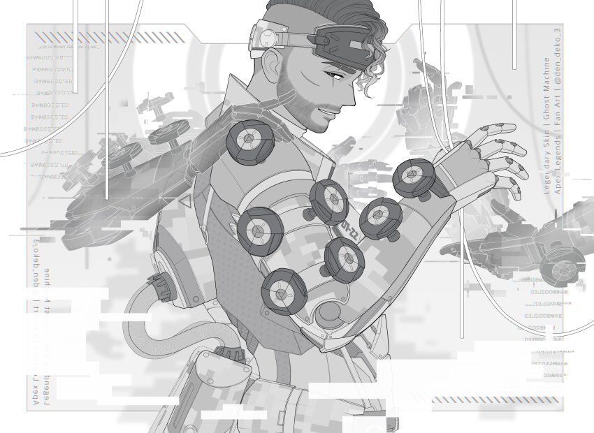 1boy, absurdres, animification, apex_legends, asymmetrical_hair, cable, camouflage, copyright_name, digital_camouflage, eyewear_on_head, facial_hair, ghost_machine_mirage, goatee, highres, hologram, looking_back, male_focus, mirage_(apex_legends), parted_lips, ruko03, short_hair, sidecut, smile, solo, twitter_username, undercut