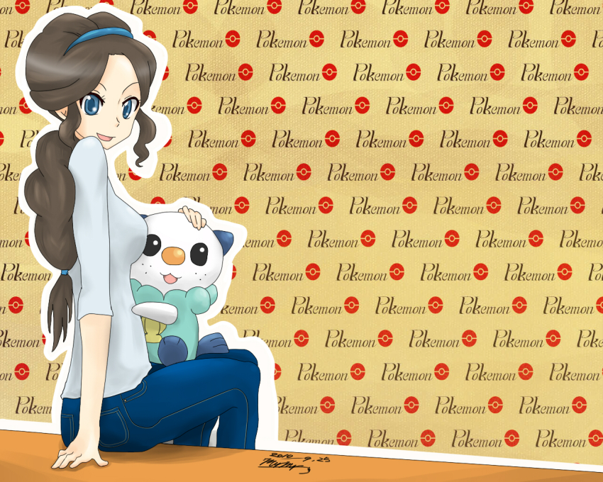 10s, blue_eyes, brown_hair, gen_5_pokemon, hug, mother_(pokemon), murumuru_(partisan), nintendo, oshawott, pokemon, pokemon_(creature), pokemon_black_and_white, unova_mother_(bw)