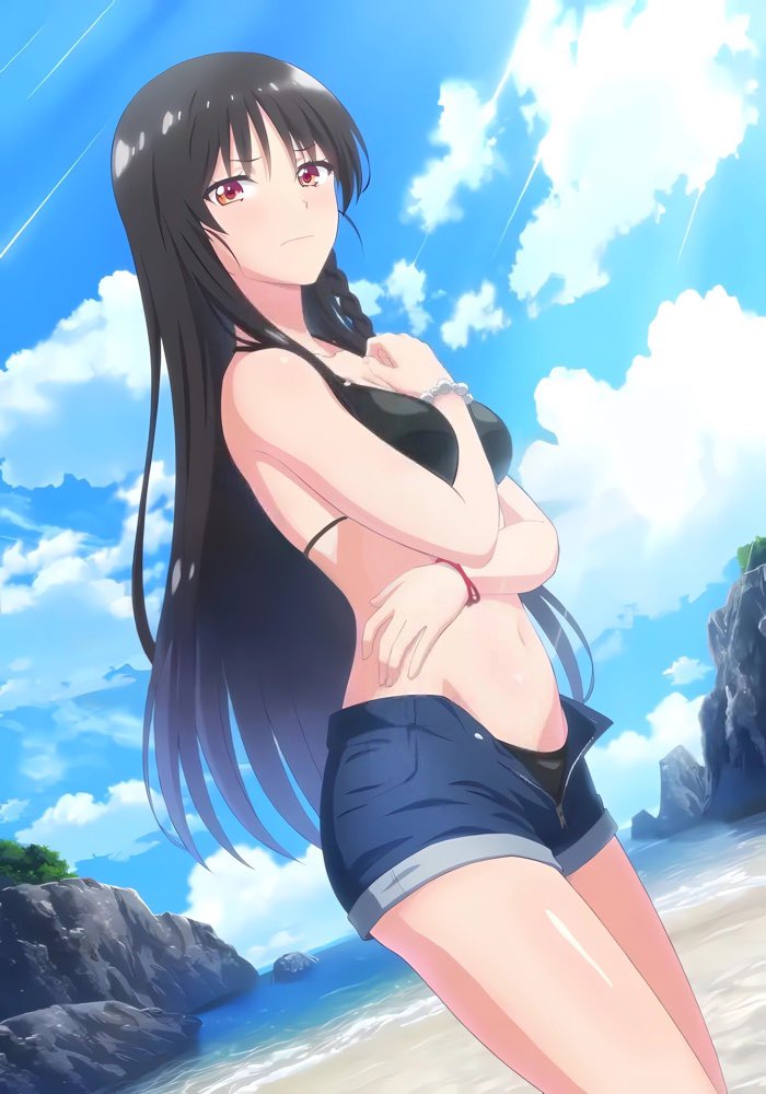 1girl, alya_l16, artist_request, beach, between_breasts, bikini, black_bikini, black_hair, braid, breasts, cleaned, closed_mouth, cloud, cloudy_sky, collarbone, covering_stomach, day, embarrassed, frown, hand_up, horikita_suzune, long_hair, looking_at_viewer, medium_breasts, mountain, navel, nose, ocean, official_art, open_clothes, open_shorts, red_eyes, sand, shorts, sky, solo, standing, swimsuit, thighs, tomose_shunsaku, tree, wristband, youkoso_jitsuryoku_shijou_shugi_no_kyoushitsu_e