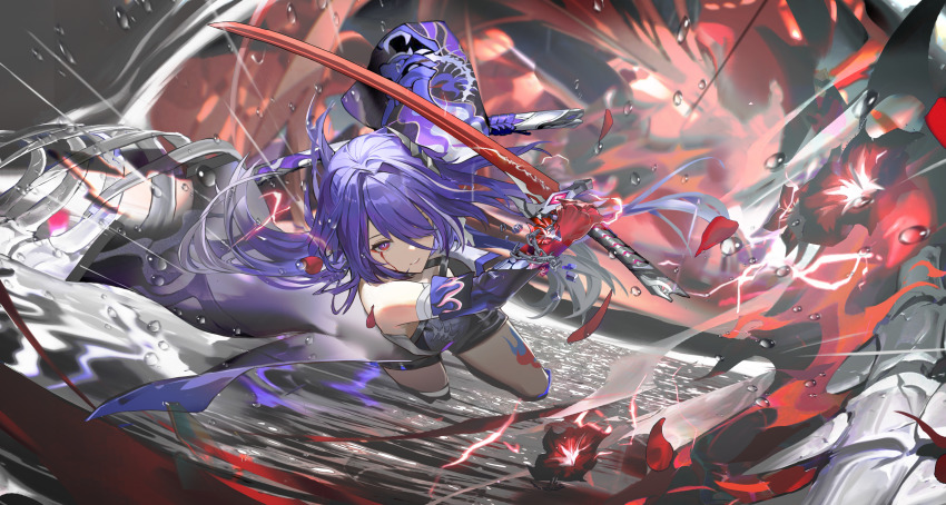 1girl, absurdres, acheron_(honkai:_star_rail), black_choker, black_gloves, black_shorts, blood, bloody_tears, bone, chain, chinese_commentary, choker, coat, coattails, commentary_request, detached_sleeves, flower, gloves, gradient_hair, hair_over_one_eye, highres, holding, holding_sword, holding_weapon, honkai:_star_rail, honkai_(series), huming0929, leg_tattoo, long_hair, multicolored_hair, purple_eyes, purple_hair, red_flower, short_shorts, shorts, single_bare_shoulder, skeleton, solo, sparks, streaked_hair, sword, tailcoat, tattoo, water, water_drop, weapon, white_coat, white_hair