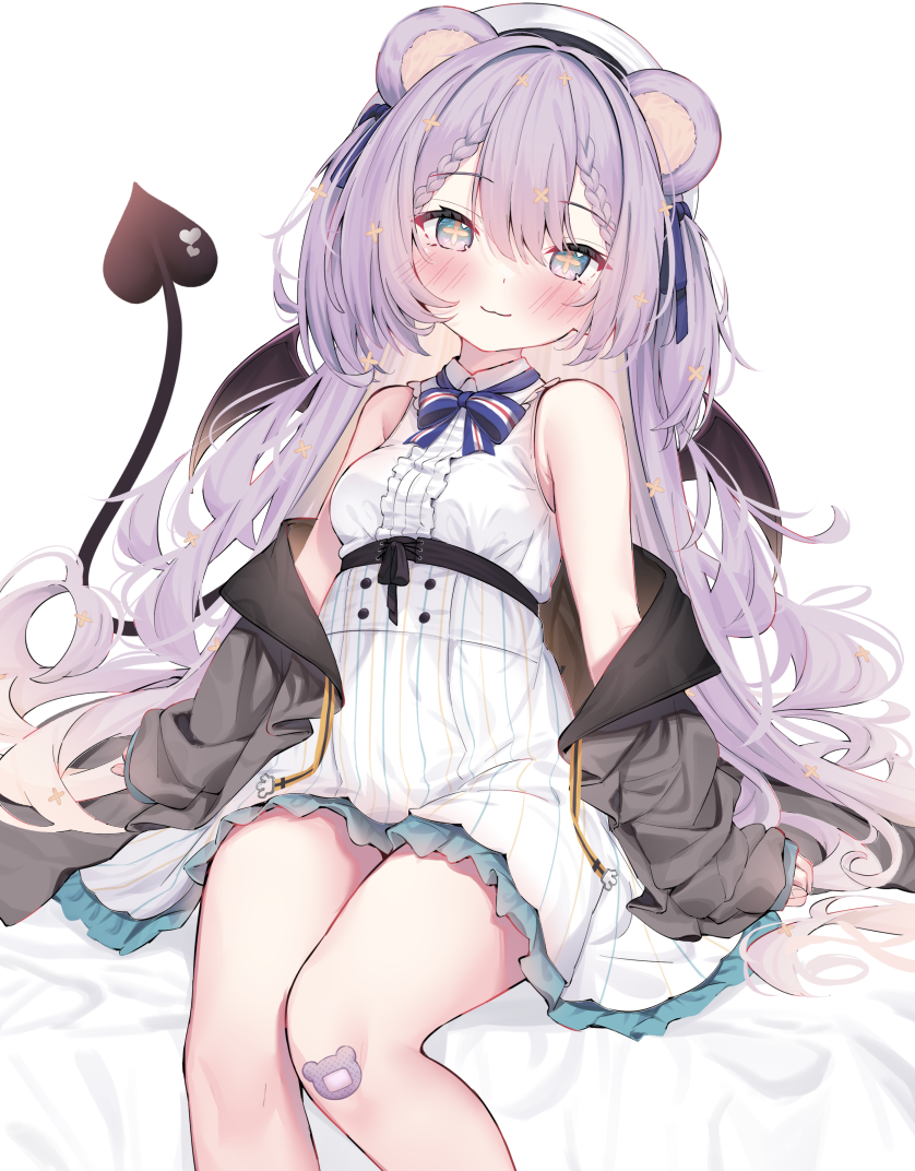 +_+, 1girl, animal_ears, bear_ears, bear_girl, bed_sheet, beret, black_jacket