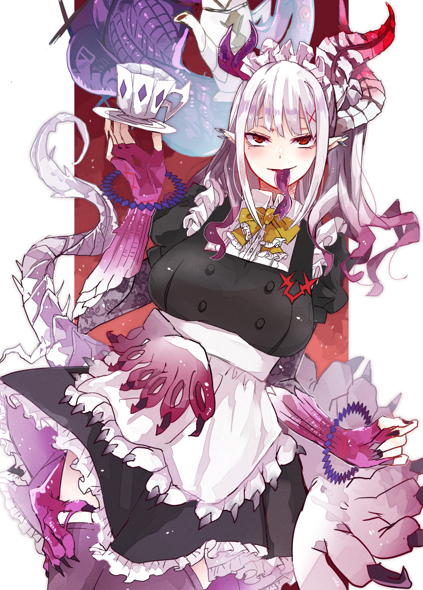 absurdres, apron, asymmetrical_horns, black_dress, bystial_dis_pater, cup, dragon_girl, dragon_horns