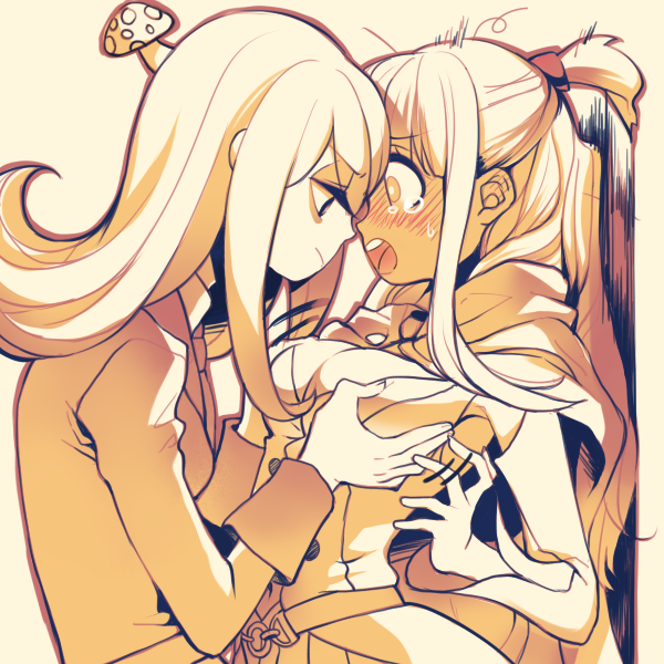 2girls, alternate_breast_size, blush, breasts, broom, cleavage, cosplay, eyeshadow, grabbing_another's_breast, groping, hand_on_another's_chest, kagari_atsuko, large_breasts, leila_(yurisouls), little_witch_academia, long_hair, makeup, monochrome, multiple_girls, mushroom, open_mouth, shiny_chariot, shiny_chariot_(cosplay), simple_background, sucy_manbavaran, tears, witch, yuri