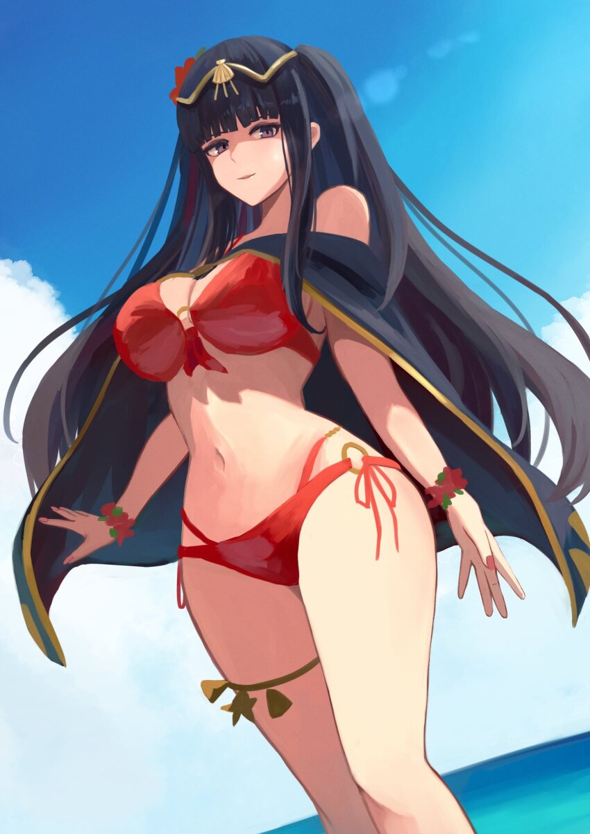 1girl, bikini, black_cape, black_hair, blue_sky, blunt_bangs, breasts, cape