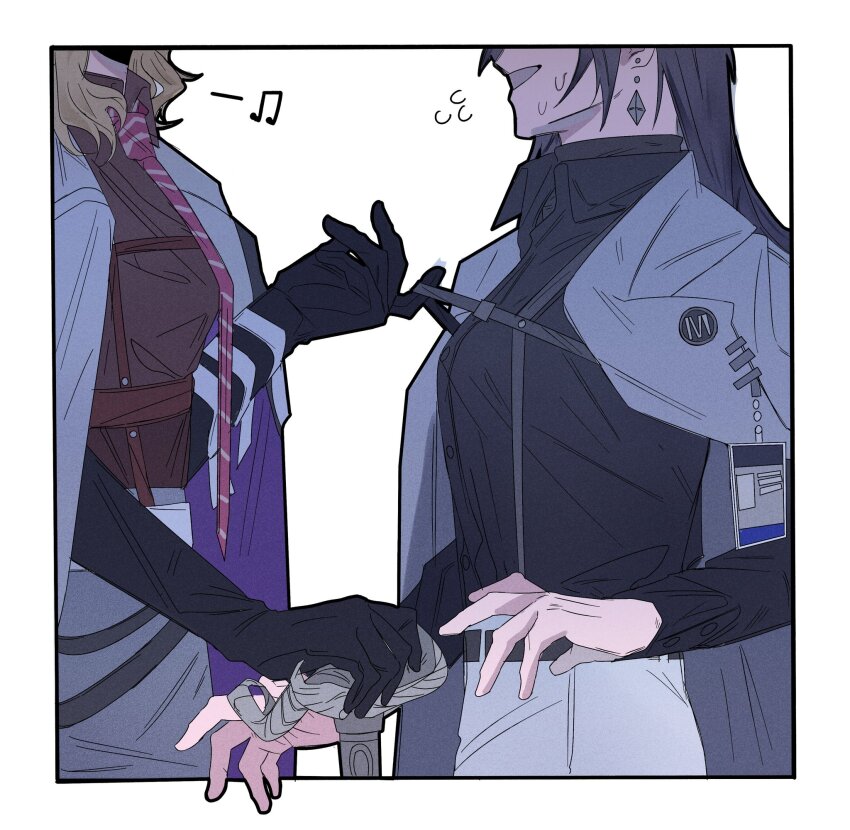 2girls, black_gloves, black_hair, black_shirt, blonde_hair, brown_shirt, cane, chief_(path_to_nowhere), coat, coat_on_shoulders, collared_shirt, commentary, earrings, female_chief_(path_to_nowhere), flying_sweatdrops, gloves, grey_coat, grey_skirt, highres, holding, holding_cane, id_card, jewelry, jian1017, langley_(path_to_nowhere), long_hair, long_sleeves, multiple_girls, musical_note, necktie, open_mouth, pants, path_to_nowhere, pink_necktie, shirt, simple_background, skirt, spoken_musical_note, strap_pull, sweat, upper_body, white_background, white_pants, yuri