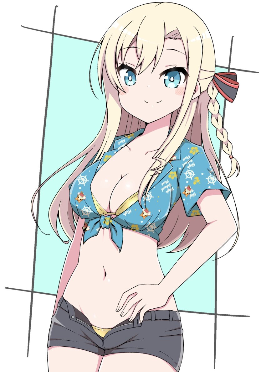 1girl, absurdres, bikini, black_shorts, blonde_hair, blue_eyes, braid, breasts, cleavage, collarbone, hand_on_own_hip, high_school_fleet, highres, long_hair, medium_breasts, midorima_bocchi, navel, open_fly, shirt, short_shorts, shorts, single_braid, solo, swimsuit, tied_shirt, wilhelmina_braunschweig_ingenohl_friedeburg, yellow_bikini