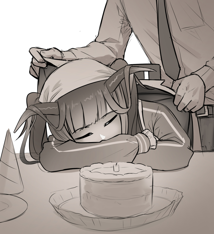 1boy, 1girl, birthday_cake, blue_archive, cake, candle, closed_eyes, clothes_blanket, covering_with_blanket, food, fuuka_(blue_archive), hair_between_horns, hat, headscarf, highres, horns, intentionally_missing_halo, long_hair, long_sleeves, missing_halo, necktie, party_hat, plate, scarf, senpaihawkkun, sensei_(blue_archive), shirt, sitting, sleeping, sleeping_on_desk, table
