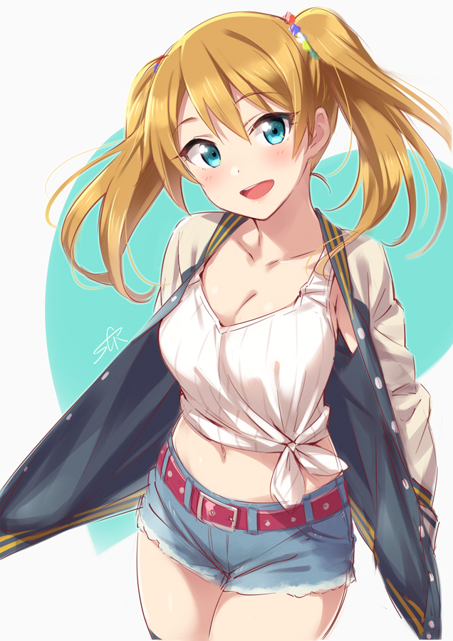 1girl, :d, aqua_background, aqua_eyes, belt, blonde_hair, blush, breasts