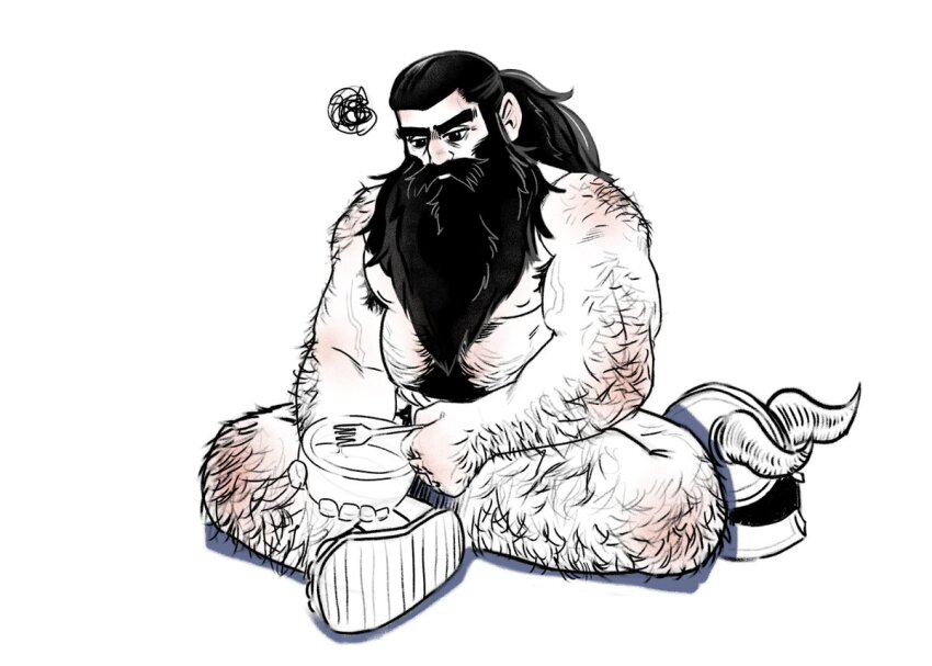 1boy, arctavius, armpit_hair, armpit_hair_peek, bara, beard, belly, body_fur, brown_hair, convenient_leg, dungeon_meshi, dwarf, eating, facial_hair, fake_horns, fat, fat_man, full_body, greyscale, hairy, half-closed_eyes, helmet, horned_helmet, horns, long_beard, male_focus, monochrome, muscular, muscular_male, mustache, senshi_(dungeon_meshi), sitting, solo, squiggle, thick_arm_hair, thick_leg_hair, thick_mustache, thick_navel_hair, unworn_headwear, very_hairy, very_long_beard