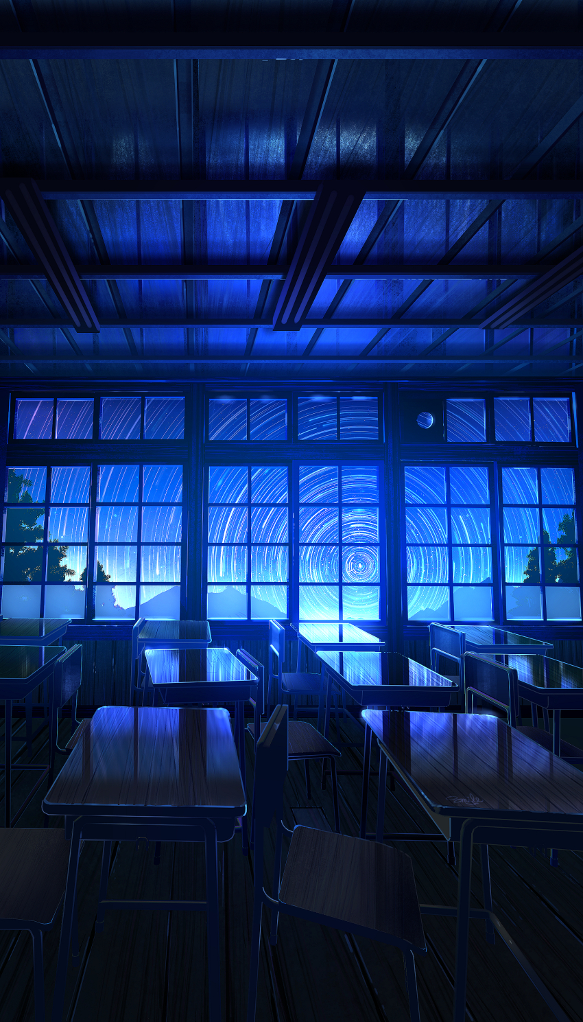 absurdres, blue_theme, chair, classroom, dark, desk, highres, indoors, long_exposure, night, no_humans, original, reflective_ceiling, reflective_table, scenery, school_chair, school_desk, sky, smile_(qd4nsvik), star_(sky), star_trail, starry_sky, table, window, wooden_chair, wooden_floor, wooden_table