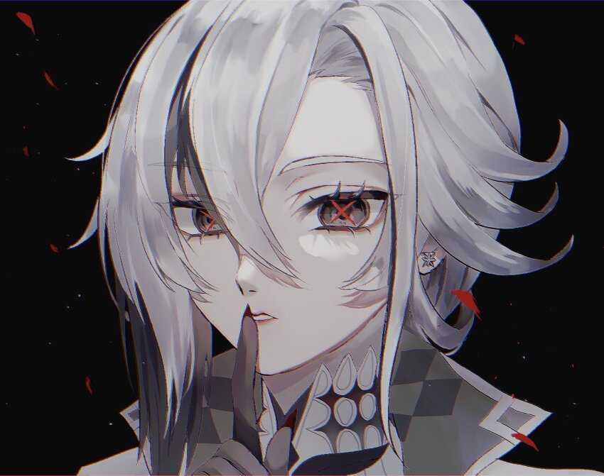 1girl, arlecchino_(genshin_impact), black_background, black_eyes, black_hair, earrings, fingernails, genshin_impact