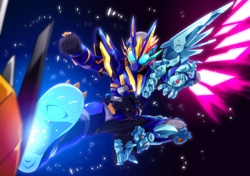 2boys, absurdres, armor, asymmetrical_armor, blue_armor, blue_eyes, body_armor, boots