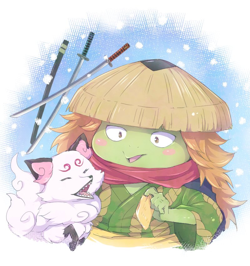 0aoiurn0, 1boy, animal, blush_stickers, colored_skin, commentary_request, fox, green_skin