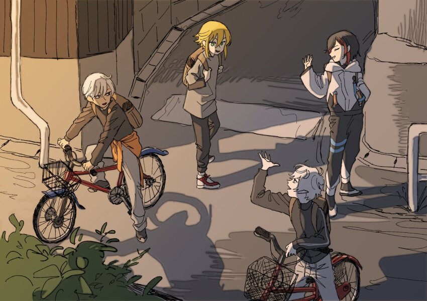 4boys, aged_down, backpack, bag, bicycle, black_hair, black_jacket, black_pants