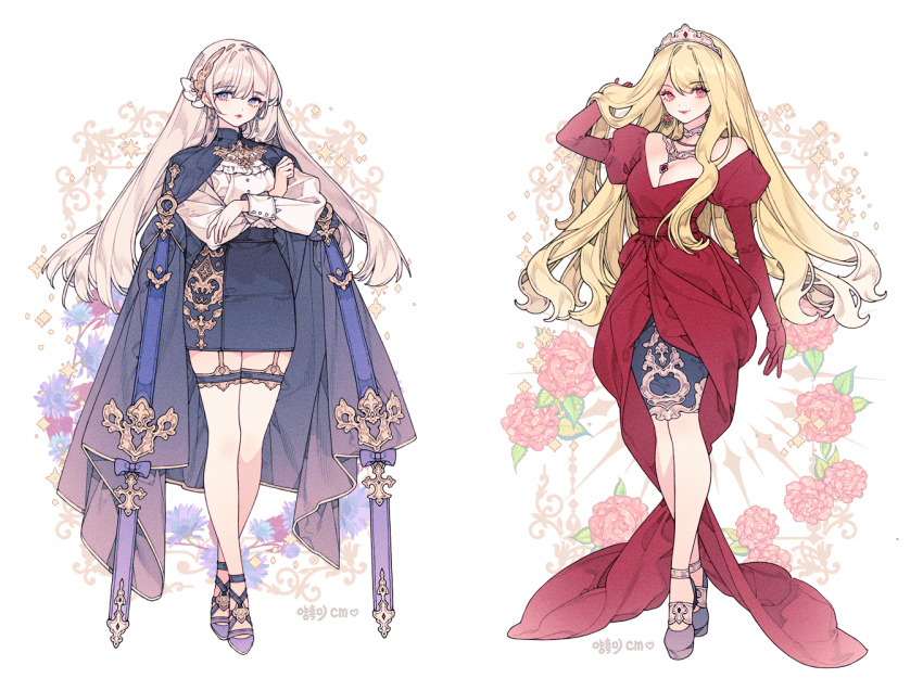 2girls, anklet, black_footwear, black_skirt, blonde_hair, blue_cloak, blue_eyes, blue_flow