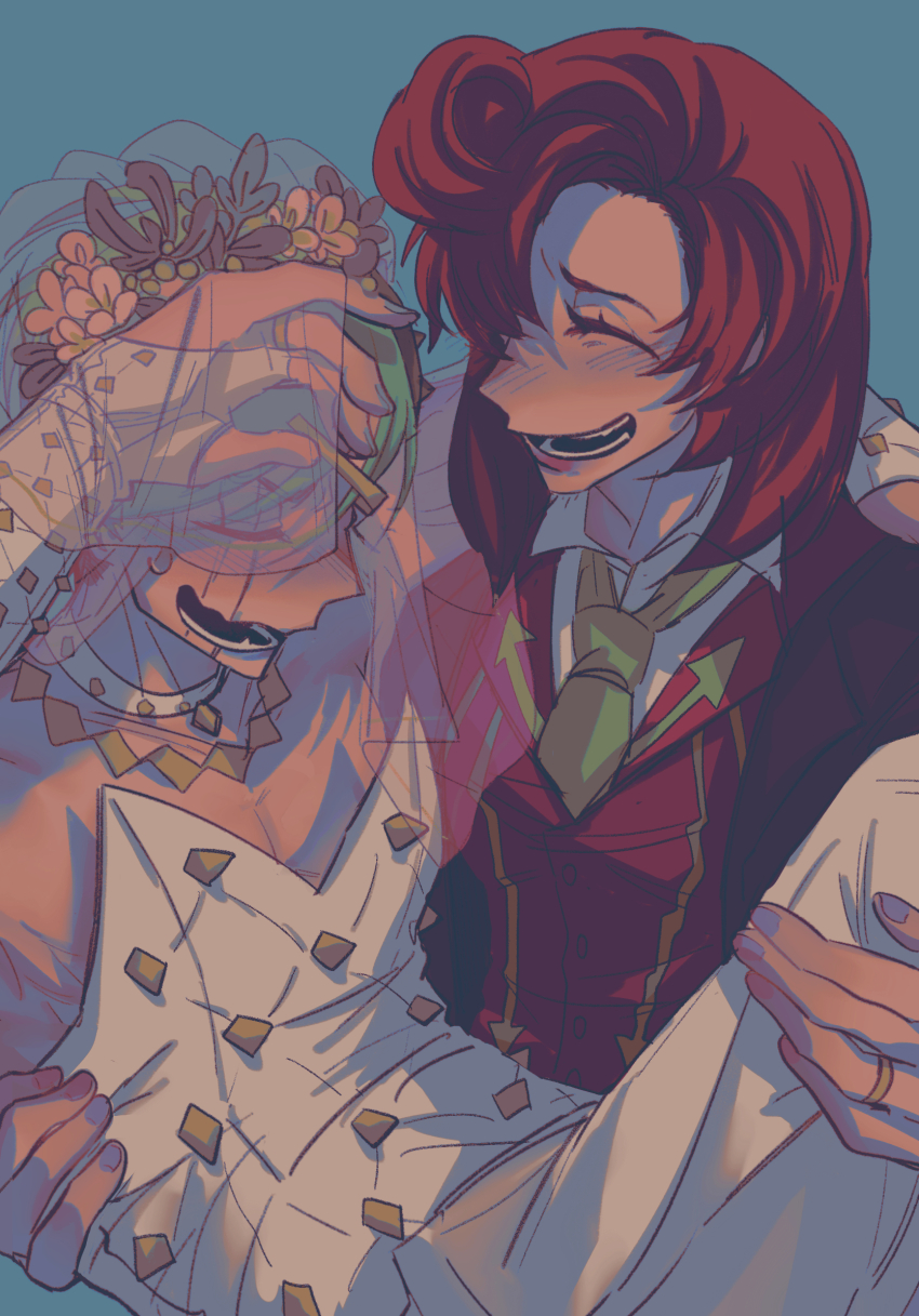 1boy, 1girl, blush, bridal_gauntlets, bridal_veil, brown_hair, carrying, choker, couple, crossdressing, dress, formal_clothes, green_hair, head_wreath, higashikata_jobin, higashikata_mitsuba, highres, husband_and_wife, jewelry, jojo_no_kimyou_na_bouken, jojolion, lipstick, makeup, necktie, pectoral_cleavage, pectorals, princess_carry, ring, role_reversal, spikes, suit, swampland, sweatdrop, veil, wedding_dress, wedding_ring