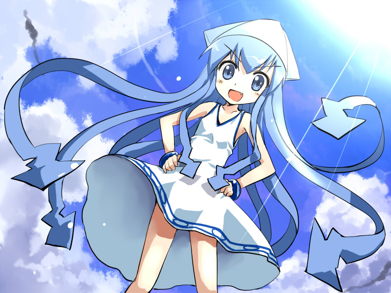 1girl, blue_eyes, blue_hair, cloud, day, dress, fang, female_focus, hands_on_own_hips, hat, ikamusume, long_hair, shinryaku!_ikamusume, sky, solo, sun, tentacle_hair, yugi_(magical-dreamer)