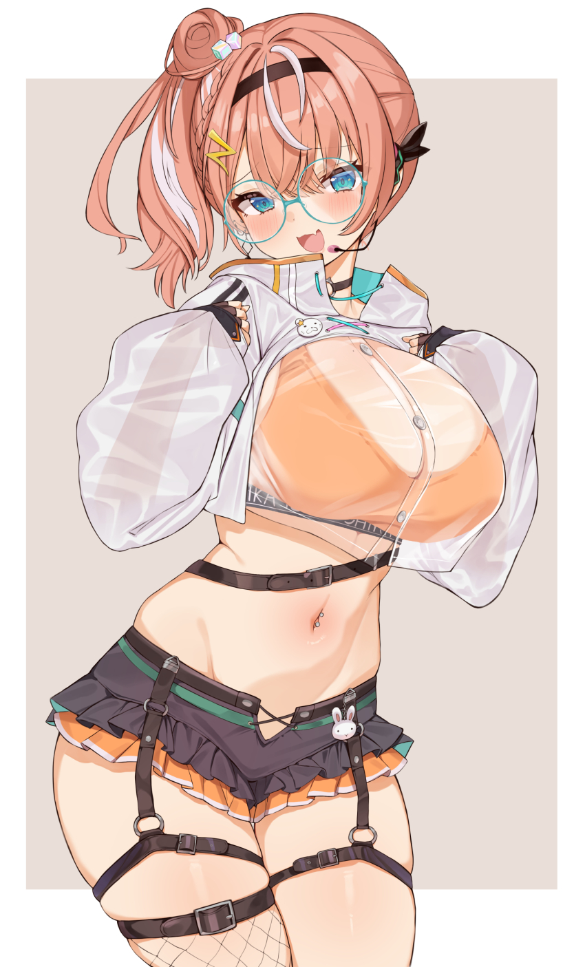 1girl, absurdres, bikini, blue_eyes, breasts, choco_tanuki, cropped_jacket, fingerless_gloves, fishnet_thighhighs, fishnets, frills, glasses, gloves, hair_ornament, hairband, hairclip, headset, highres, igarashi_rika, igarashi_rika_(2nd_costume), large_breasts, looking_at_viewer, microphone, midriff, multicolored_hair, navel, navel_piercing, nijisanji, orange_bikini, orange_hair, piercing, round_eyewear, see-through_clothes, short_shorts, shorts, side_ponytail, simple_background, smile, solo, streaked_hair, swimsuit, thick_thighs, thigh_strap, thighhighs, thighs, virtual_youtuber, white_hair